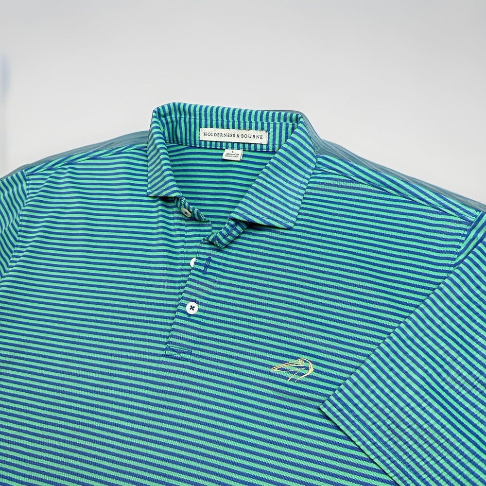Holderness & Bourne The Maxwell Performance Golf Polo Green Stripe Men L Pelican